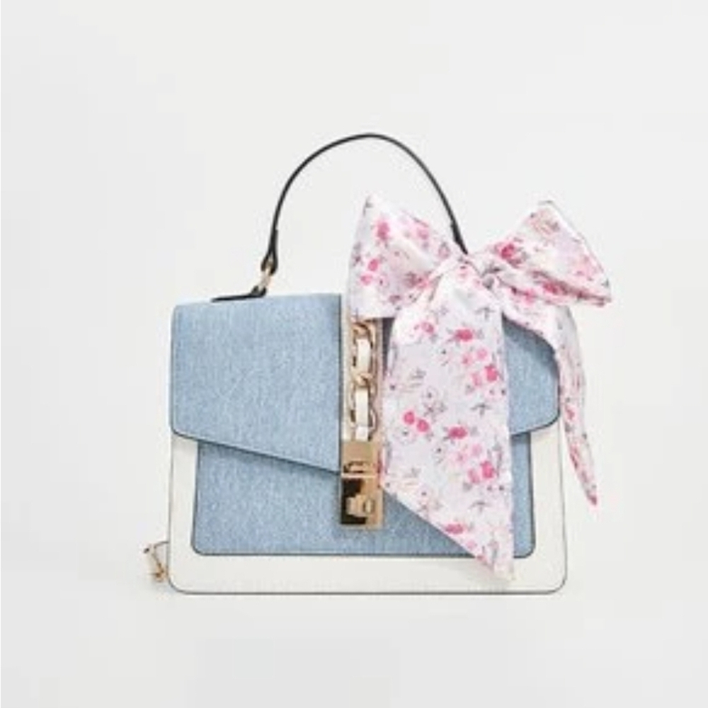 Aldo Denim And White Bow Accent Top-Handle Satchel with Floral Bow